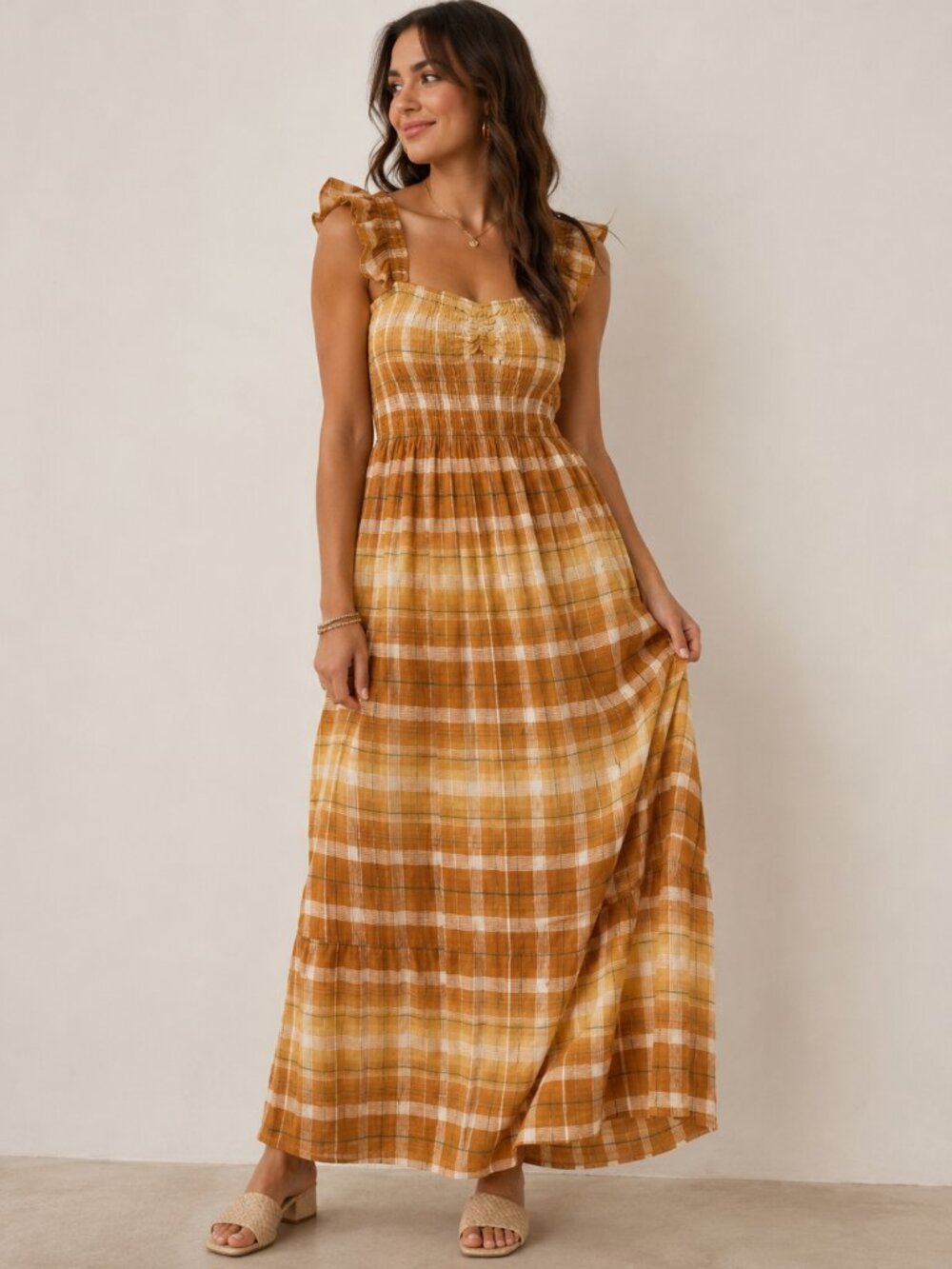 Anthropologie En Elly Plaid Tiered Smocked Maxi Dress | Orange Brown | Size L